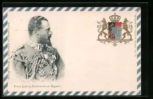 Präge-AK Prinz Ludwig Ferdinand von Bayern in Uniform mit Orden und Wappen