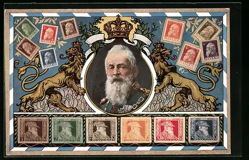Künstler-AK Prinzregent Luitpold, Briefmarken rahmen den Monarchen ein