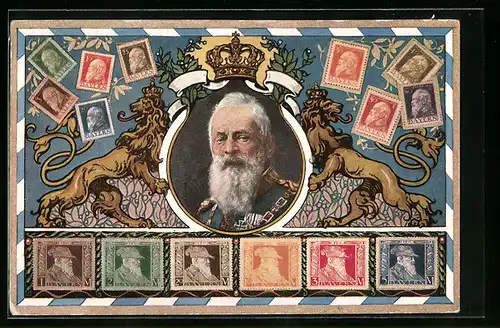 Künstler-AK Prinzregent Luitpold, Portrait des Monarchen und Briefmarken