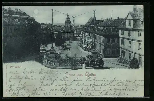 Mondschein-AK Gotha, Passanten auf dem Marktplatz, Blick zum Rathaus