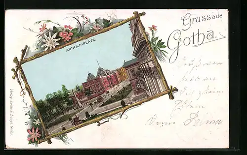 AK Gotha, Blick auf den Arnoldiplatz, mit Blumenrahmen