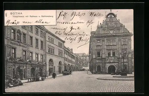 AK Gotha, Hauptmarkt mit Rathaus und Schlossberg