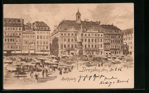 Künstler-AK Dresden, Verkaufsstände auf dem Marktplatz