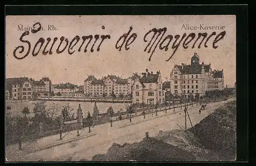 Relief-AK Mainz a. Rh., Blick über die Allee auf die Alice-Kaserne, mit Glitzer verziert