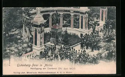 AK Mainz a. Rh., Huldigung am Denkmal 24. Juni 1900 zur Gutenberg-Feier