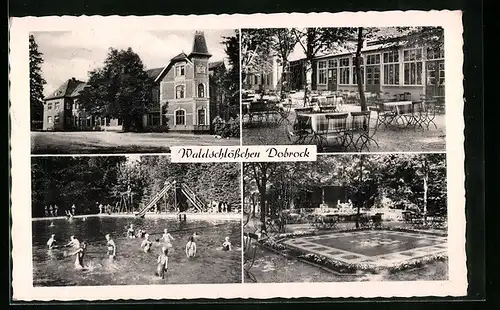AK Dobrock bei Wingst, vor dem Waldschlösschen, Gartenlokal, Badegäste im Freibad