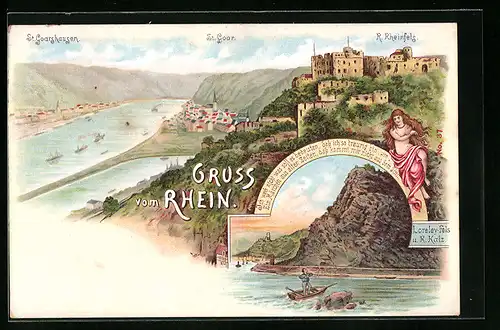 Lithographie St. Goarshausen, Talblick mit dem Rhein, Blick auf St. Goar und R. Rheinfels, der Loreley Fels