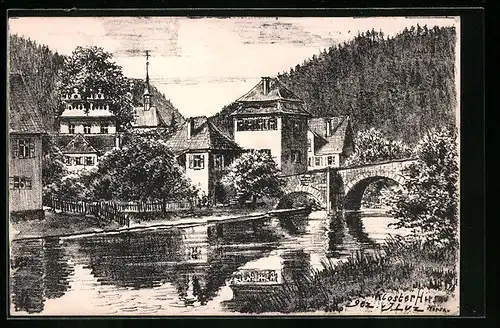 Künstler-AK Hirsau, an der Brücke vor dem Kloster