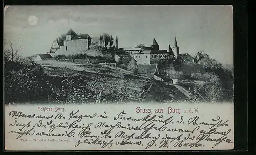 Mondschein-AK Solingen, Burg a. d. W., Blick hinauf zum Schloss Burg