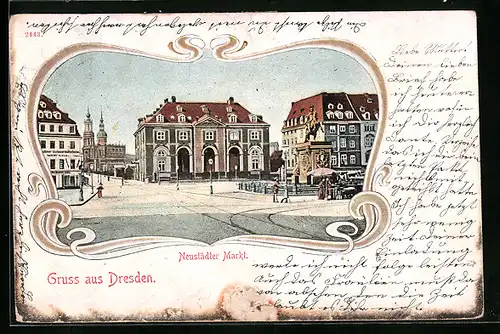 Lithographie Dresden-Neustadt, Denkmal auf dem Neustädter Markt