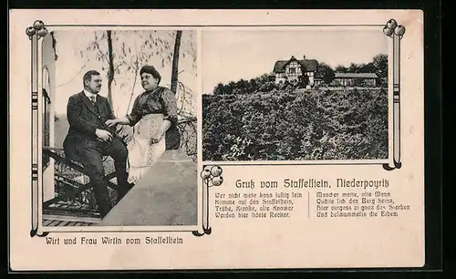 AK Dresden-Niederpoyritz, Blick zum Staffelstein, Wirt und Frau Wirtin vom Gasthaus Staffelstein