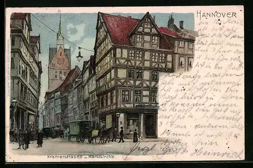 Lithographie Hannover, Kramerstrasse und Blick zur Marktkirche