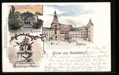 Lithographie Düsseldorf, Denkmal am Rathaus, vor der Kunsthalle, das Denkmal Kaiser Wilhelm I.