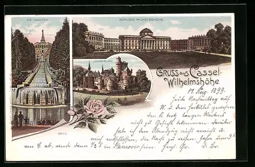 Lithographie Cassel-Wilhelmshöhe, Parkanlagen vor dem Schloss Wilhelmshöhe, die Cascaden