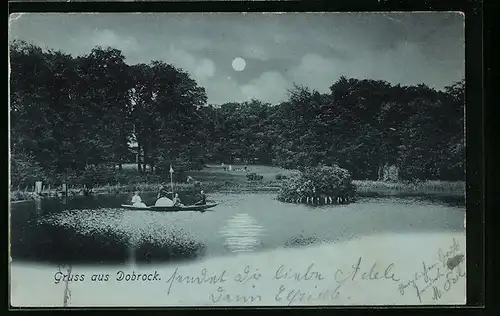 Mondschein-AK Dobrock, Gondelfahrt auf dem Teich im Park