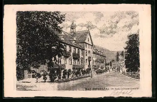 Künstler-Präge-AK Bad Peterstal im Schwarzwald, die Strasse vor dem Gasthof