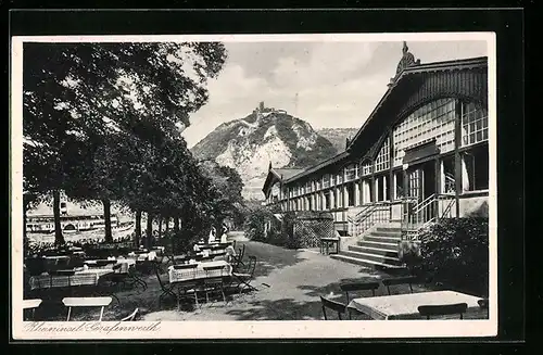 AK Grafenwerth, Gasthaus Schurbusch & Lüer, Gartenlokal auf der Rheininsel