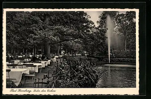 AK Bad Harzburg, Aussenlokal Unter den Eichen, Wasserspiel