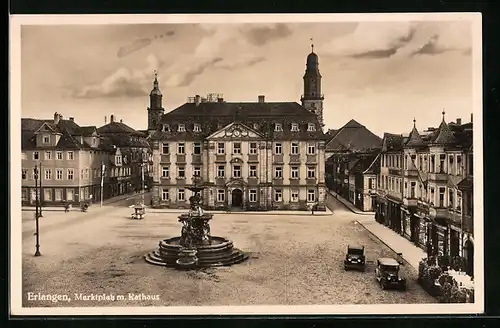 AK Erlangen, Brunnen vor dem Rathaus auf dem Marktplatz