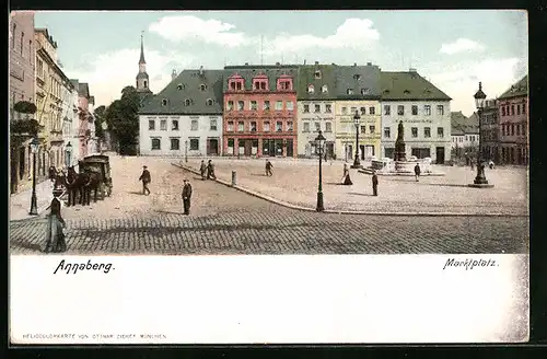 Lithographie Annaberg, Passanten am Brunnen auf dem Marktplatz