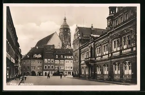 AK Pirna, am Rathaus auf dem Marktplatz