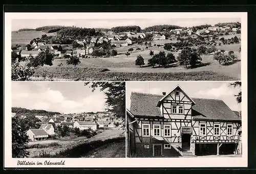 AK Böllstein im Odenwald, Ortspanorama, das Gasthaus Zur Post