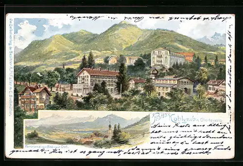 Künstler-AK Bad Kohlgrub in Oberbayern, Ortstotale, Panorama vom Bad nach Ost