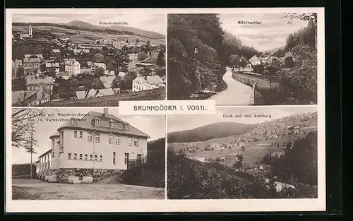 AK Brunndöbra i. Vogtl., Gesamtansicht, Turnhalle mit Wanderherberge des 14. Turnkreises Sachsen, Blick auf den Aschberg