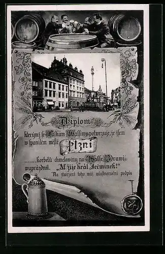 AK Plzen, Denkmal auf dem Stadtplatz, Urkunde