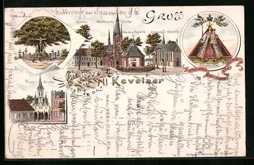 Lithographie Kevelaer, Kloster mit Wallfahrts-Kirche, Gnaden-Kapelle und Kerzen-Kapelle, Kreuz-Baum, Pfarr-Kirche