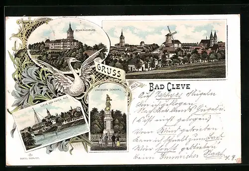 Lithographie Bad Cleve, Uferpartie vom Hafen aus, Schwanenburg, Lohengrin-Denkmal