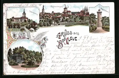 Lithographie Bad Cleve, Schwanenburg, Aussichtsturm, Stahlbrunnen