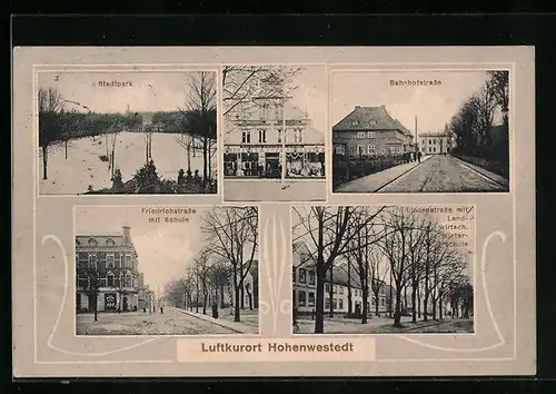 AK Hohenwestedt, Kaufhaus Ostermann, Friedrichstrasse mit Schule, Stadtpark