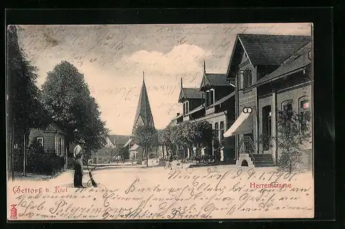 AK Kiel, Herrenstrasse mit Bäckerei und Kirche