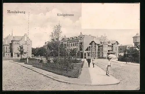 AK Rendsburg, Königstrasse mit Passanten