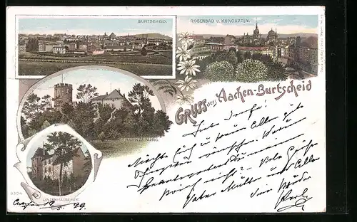 Lithographie Aachen-Burtscheid, Rosenbad und Kurgarten, Linzenhäuschen, Frankenburg