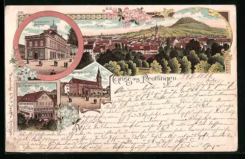 Lithographie Reutlingen, Hauptpostamt mit Bahnhof, Leonhardskirche, Evangelisches Vereinshaus