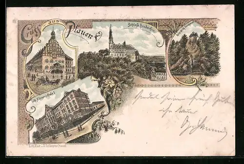 Lithographie Plauen, Schloss Hradschin, Höhere Bürgeschule, Kaiser Wilhelm-Denkmal