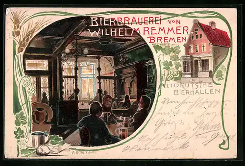 Lithographie Bremen, Beirbrauerei & Altdeutsche Bierhallen von Wilhelm Remmer, Innenansicht