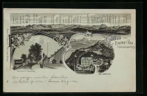 Mondschein-Lithographie Hohenpeissenberg, Hotel Bad Hohen-Sulz, Am hohen Peissenberg, Bergpanorama mit Ester-Alm