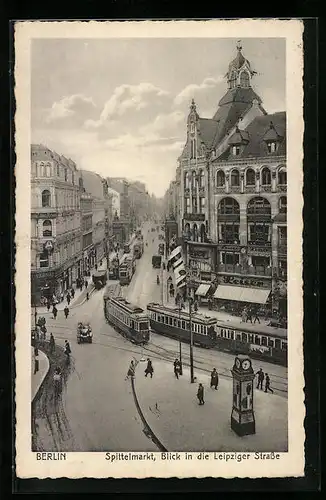 AK Berlin, Schuhgeschäft Leiser am Spittelmarkt und Leipzigerstrasse mit Strassenbahn