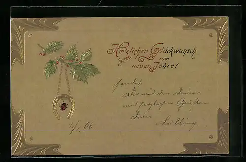 Präge-AK Marienkäfer unter Ilexzweig mit Hufeisen, Neujahrsgruss