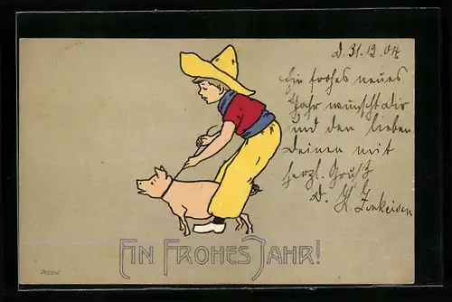 AK Knabe mit gelbem Hut und Schwein, Neujahrsgruss