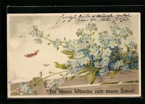 Lithographie Schmetterlinge und Vergissmeinnicht, Neujahrsgruss