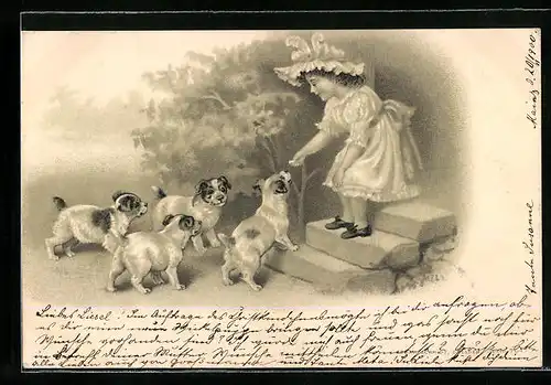 Präge-AK Kleines Mädchen und vier Hundewelpen