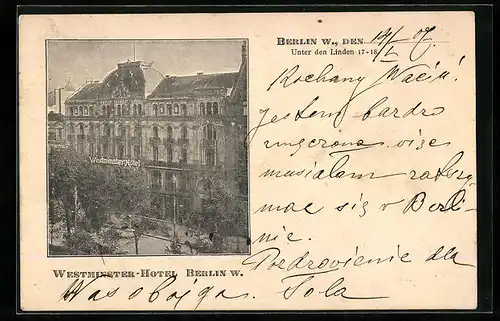 AK Berlin, Westminster-Hotel, Unter den Linden 17-18