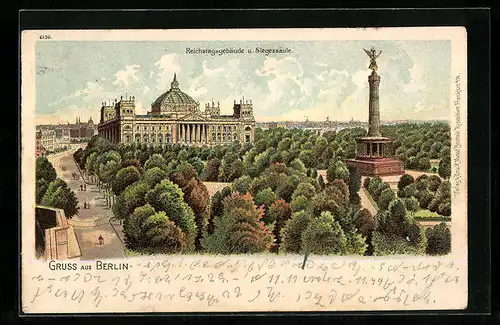 Lithographie Berlin, Reichstagsgebäude u. Siegessäule