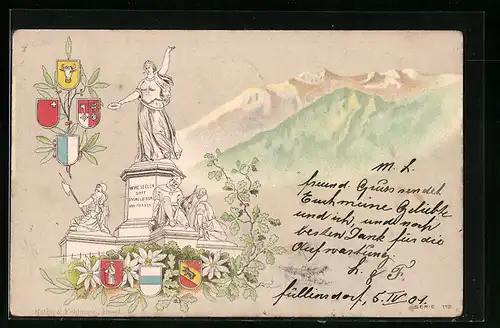 Präge-AK Schweiz, Statue der Helvetia mit Bergen