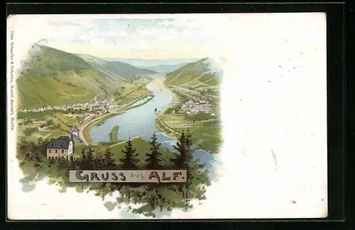 Lithographie Alf, Flusspartie mit Bergen