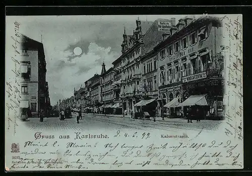 Mondschein-AK Karlsruhe, Blick in die Kaiserstrasse